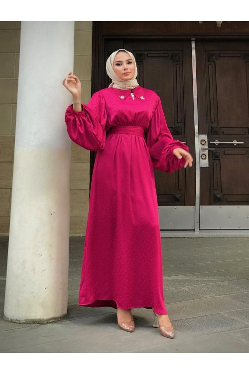 Lenta Puantiye Yakası Taşlı Elbise Fuşya