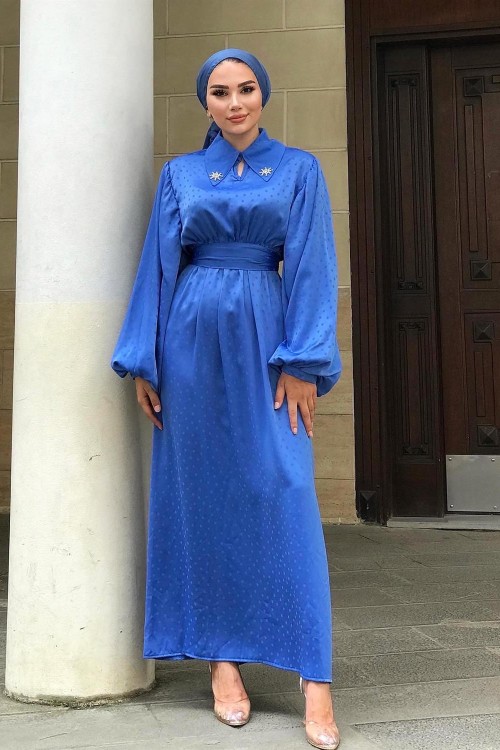 Lenta Puantiye Yakası Taşlı Elbise Mavi