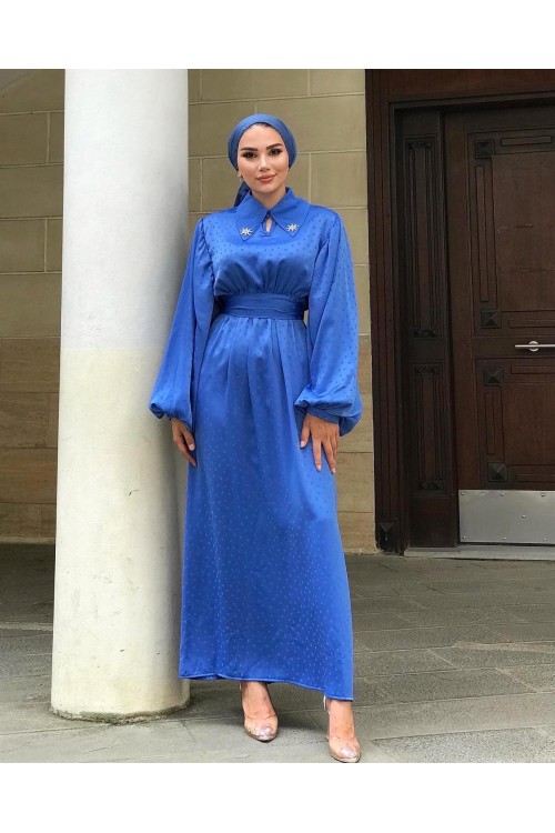 Lenta Puantiye Yakası Taşlı Elbise Mavi