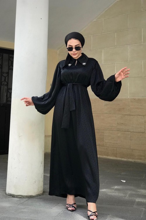 Lenta Puantiye Yakası Taşlı Elbise Siyah