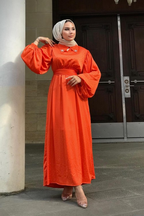 Lenta Puantiye Yakası Taşlı Elbise Turuncu