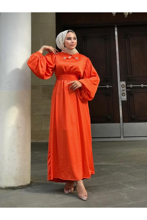 Lenta Puantiye Yakası Taşlı Elbise Turuncu