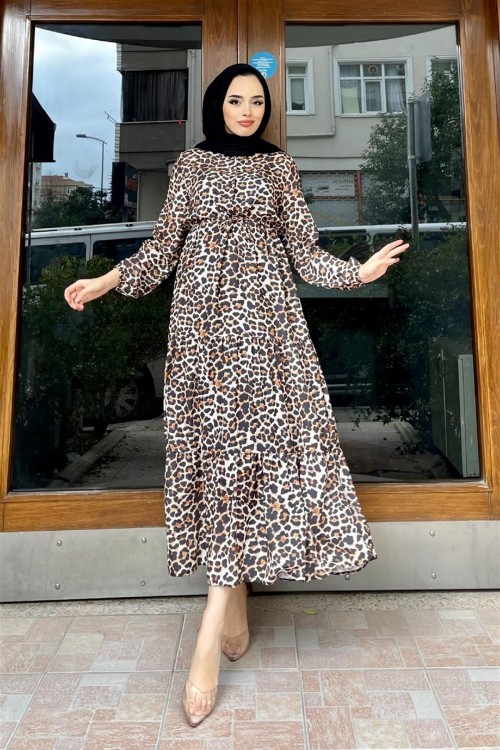 Leopar Desen Beli Sıkmalı Elbise Kahverengi