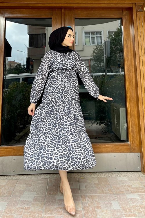 Leopar Desen Beli Sıkmalı Elbise Siyah