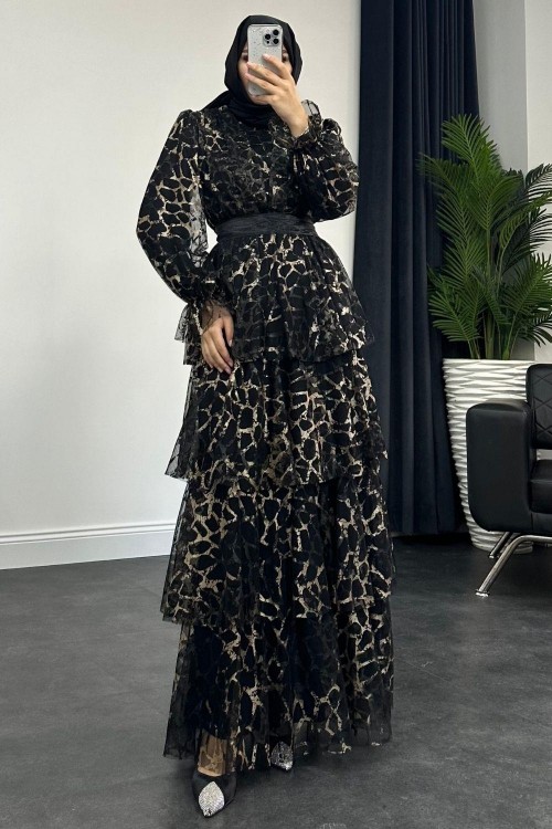 Leopar Katkat Tül Abiye Siyah