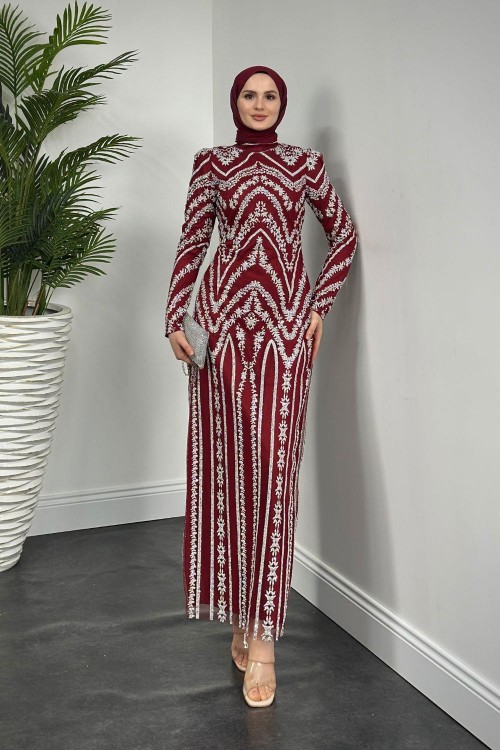 Liam Simli Desenli Abiye Bordo