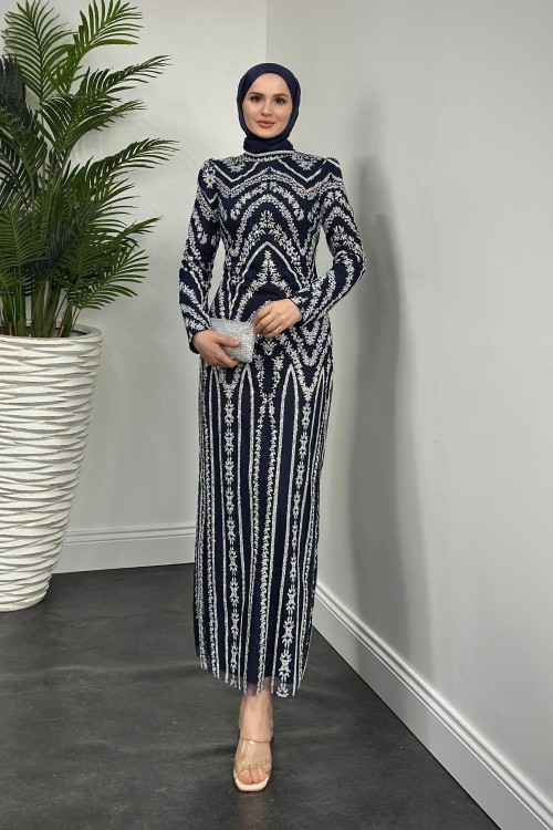 Liam Simli Desenli Abiye Lacivert