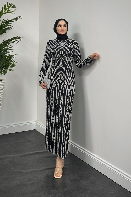 Liam Simli Desenli Abiye Siyah