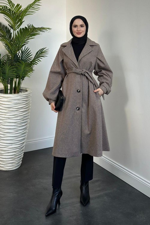 Lianda Düğmeli Astarlı Mevlana Kaban Kahverengi