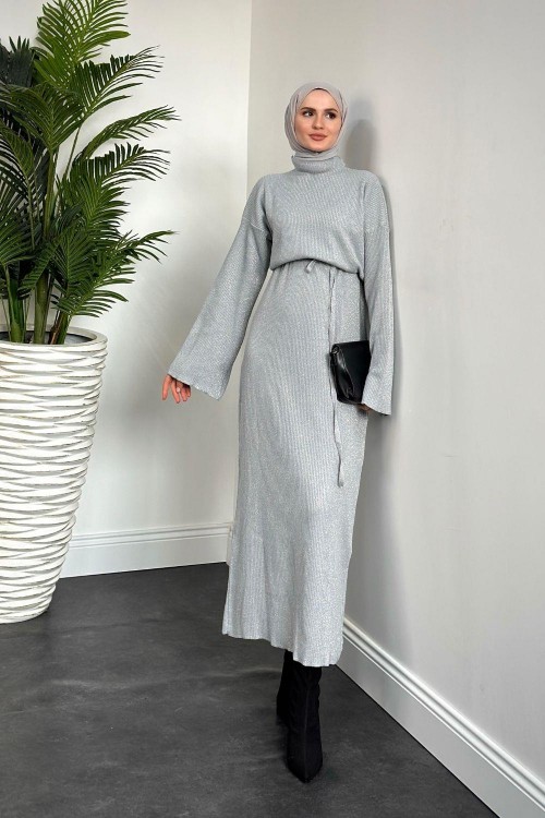 Liana Simli Triko Elbise Gri