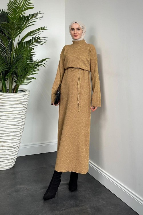 Liana Simli Triko Elbise Hardal