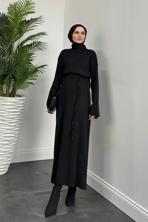 Liana Simli Triko Elbise Siyah