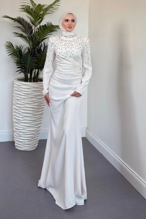 Lidya Taşlı Drapeli Balık Abiye Krem