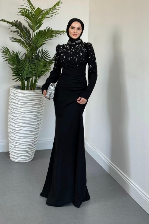 Lidya Taşlı Drapeli Balık Abiye Siyah