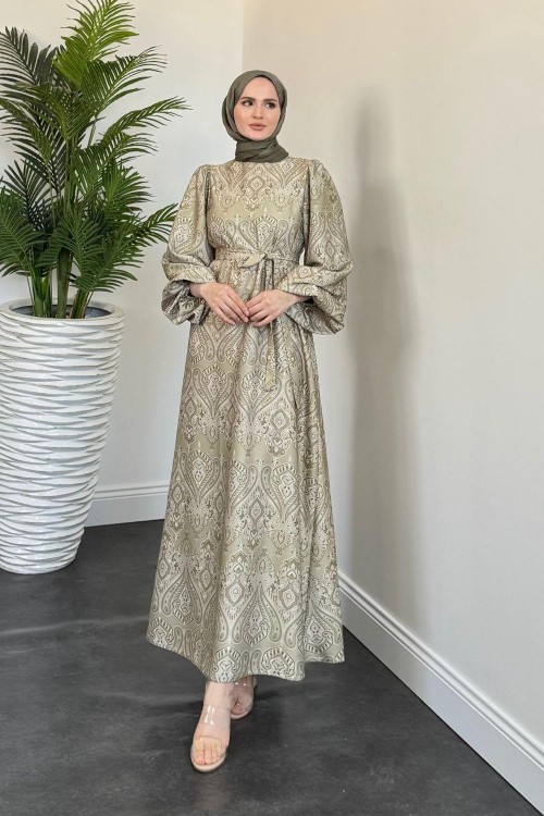 Lilsa Şal Desen Saten Abiye Haki