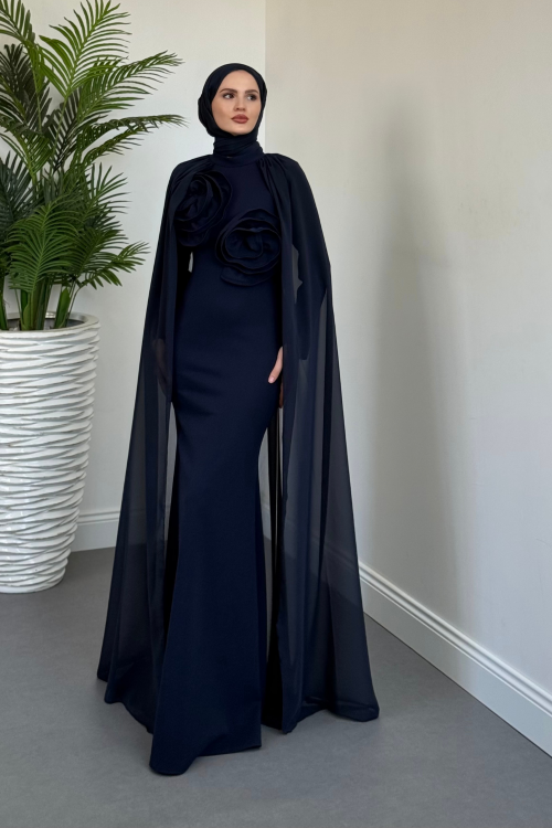 Lineaa Gül Detay Pelerinli Abiye Lacivert