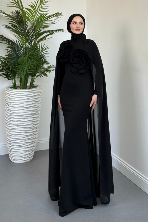 Lineaa Gül Detay Pelerinli Abiye Siyah