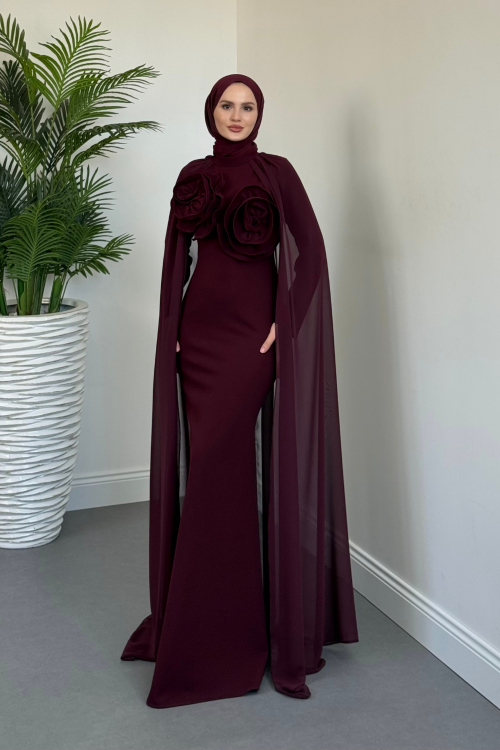 Lineaa Gül Detay Pelerinli Abiye Vişne Çürüğü