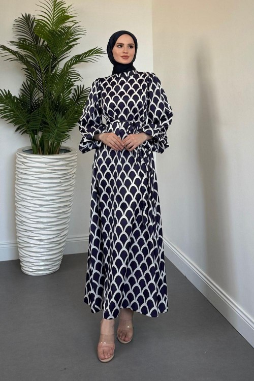 Linya Balık Sırtı Elbise Lacivert