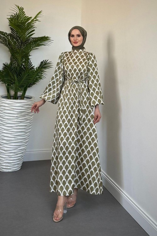 Linya Balık Sırtı Elbise Yağ Yeşili