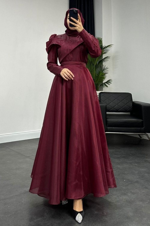 Longus Hayal Tül Abiye Bordo