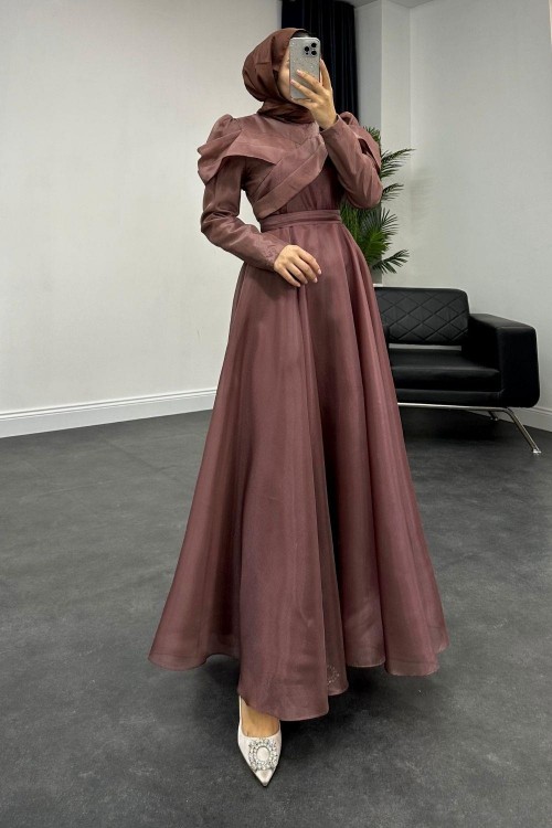 Longus Hayal Tül Abiye Kahverengi