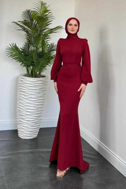 Lorenza Balon Kol Kuyruklu Abiye Bordo