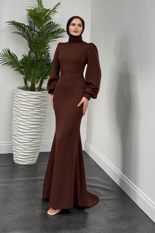 Lorenza Balon Kol Kuyruklu Abiye Kahverengi