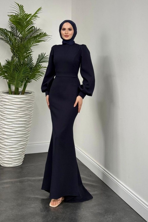 Lorenza Balon Kol Kuyruklu Abiye Lacivert