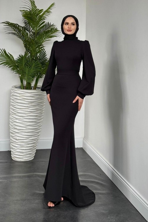 Lorenza Balon Kol Kuyruklu Abiye Siyah