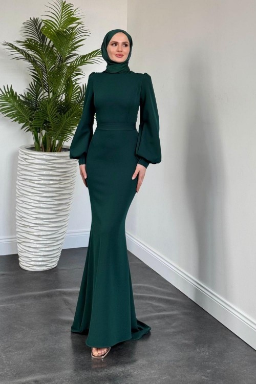 Lorenza Balon Kol Kuyruklu Abiye Zümrüt