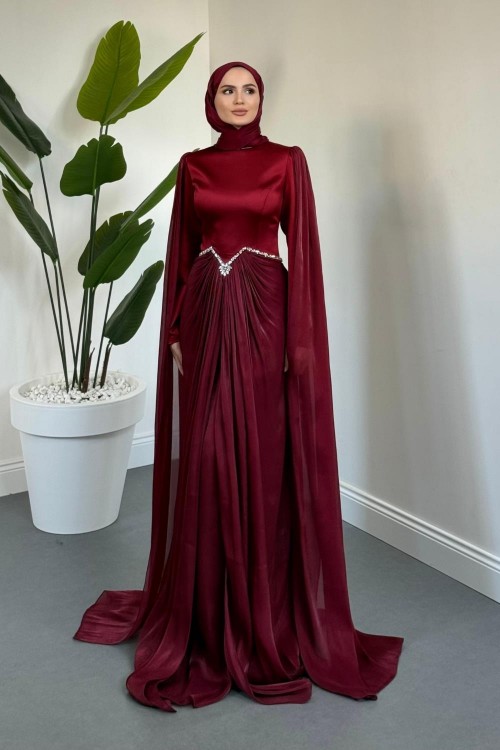 Loverna Taşlı Pelerinli Abiye Bordo