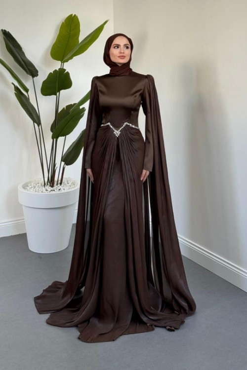 Loverna Taşlı Pelerinli Abiye Kahverengi