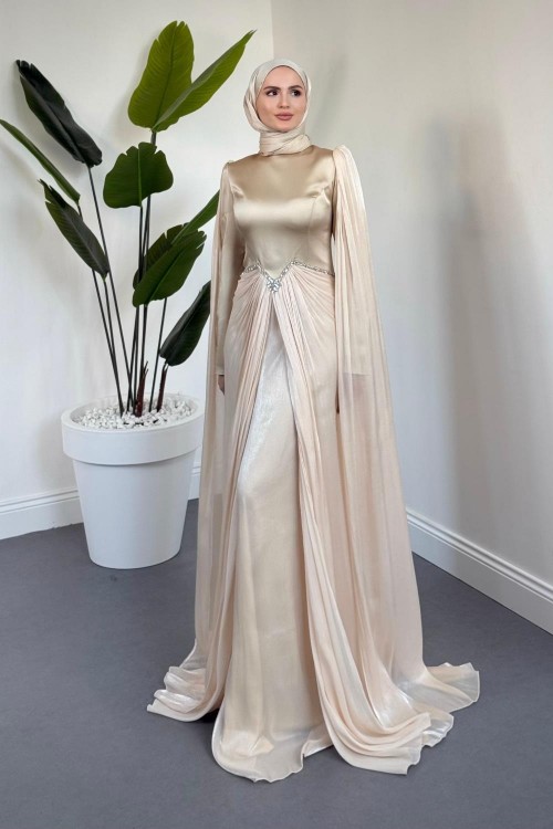 Loverna Taşlı Pelerinli Abiye Krem