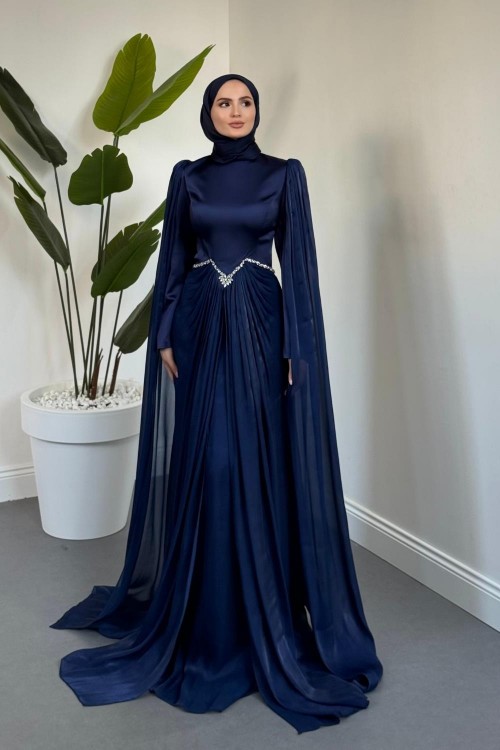 Loverna Taşlı Pelerinli Abiye Lacivert