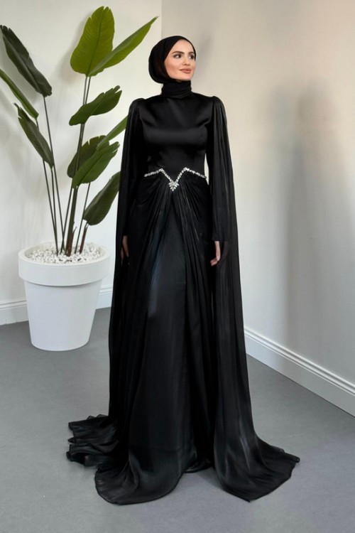 Loverna Taşlı Pelerinli Abiye Siyah