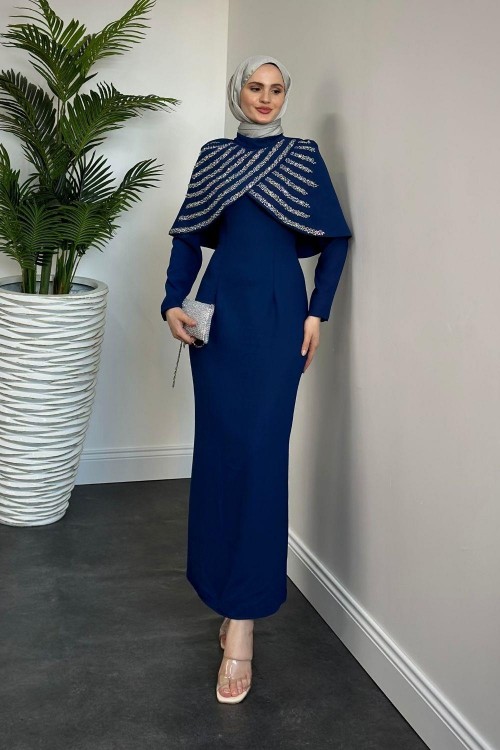 Lowel Taşlı Pelerinli Abiye Lacivert 