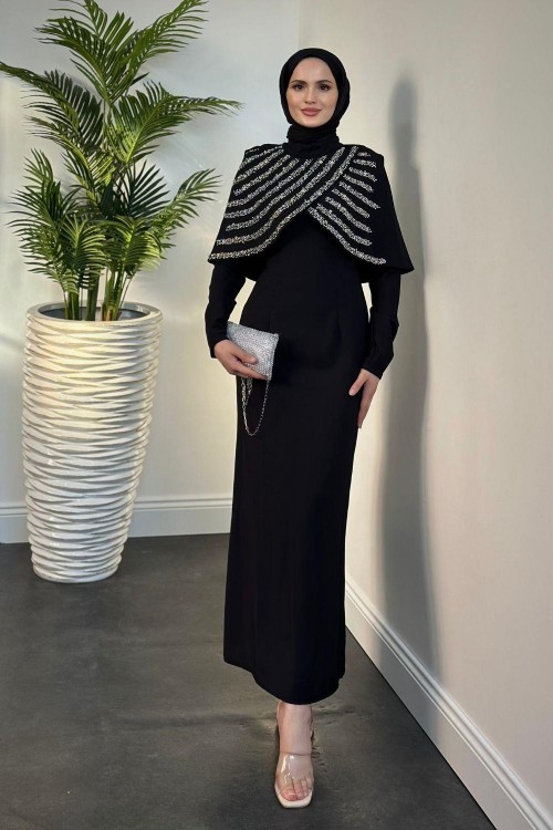 Lowel Taşlı Pelerinli Abiye Siyah 