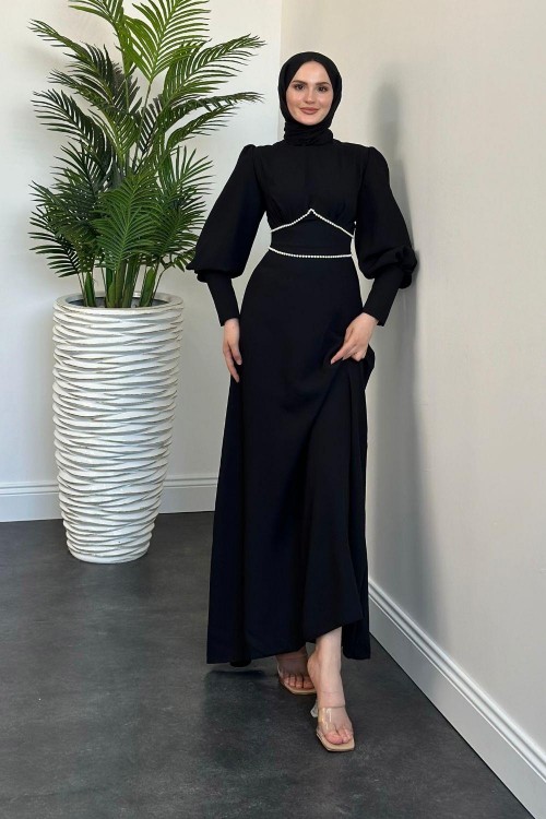 Lucas İnci Detay Krep Elbise Siyah