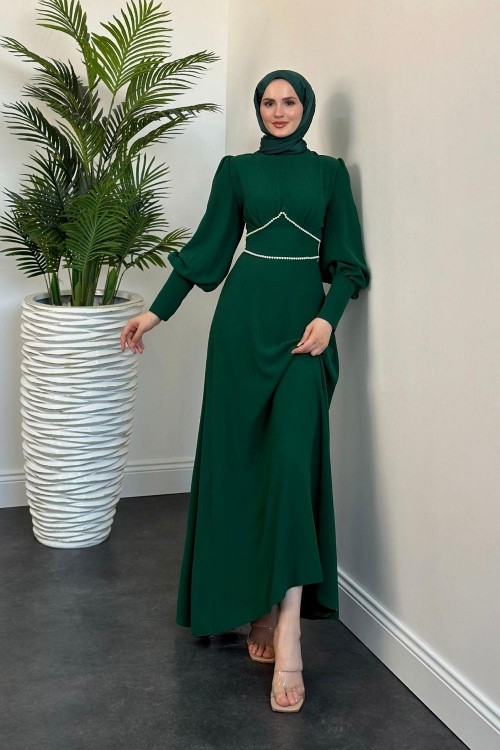 Lucas İnci Detay Krep Elbise Zümrüt