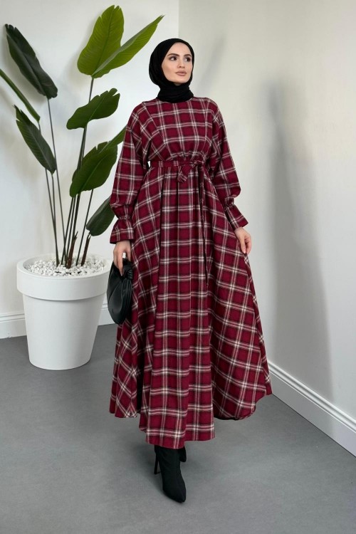 Luciana Mevlana Kesim Ekose Elbise Bordo