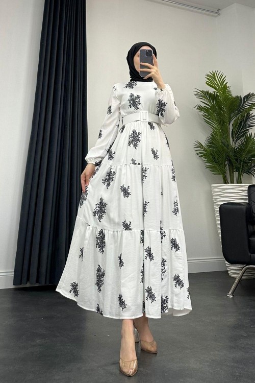 Luis Desenli Keten Elbise Beyaz