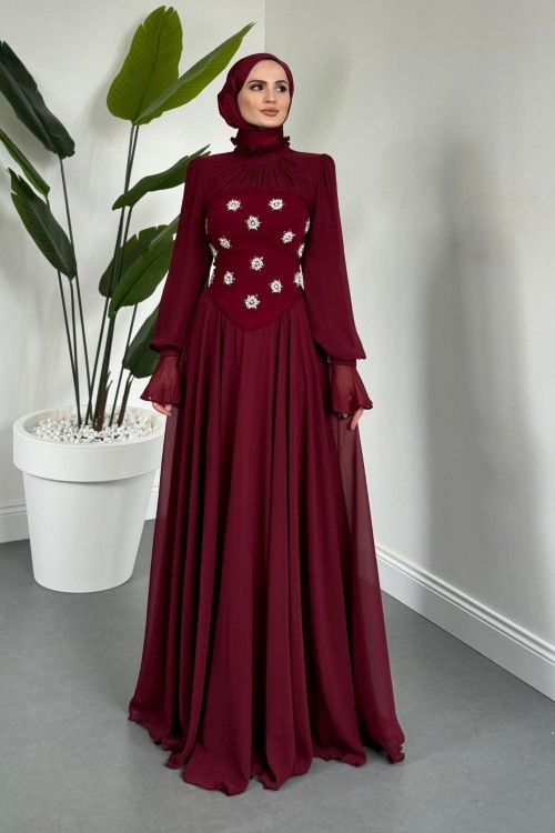 Lumiere Seyyar Korseli Şifon Abiye Bordo