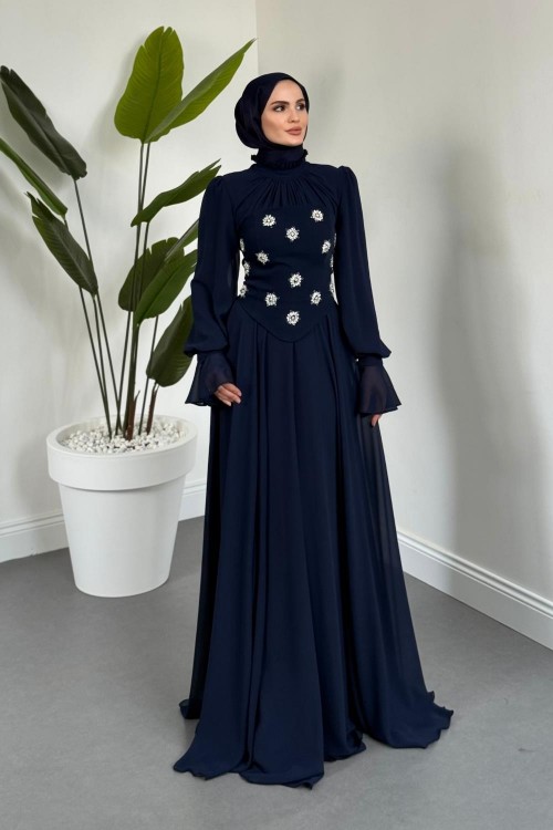 Lumiere Seyyar Korseli Şifon Abiye Lacivert