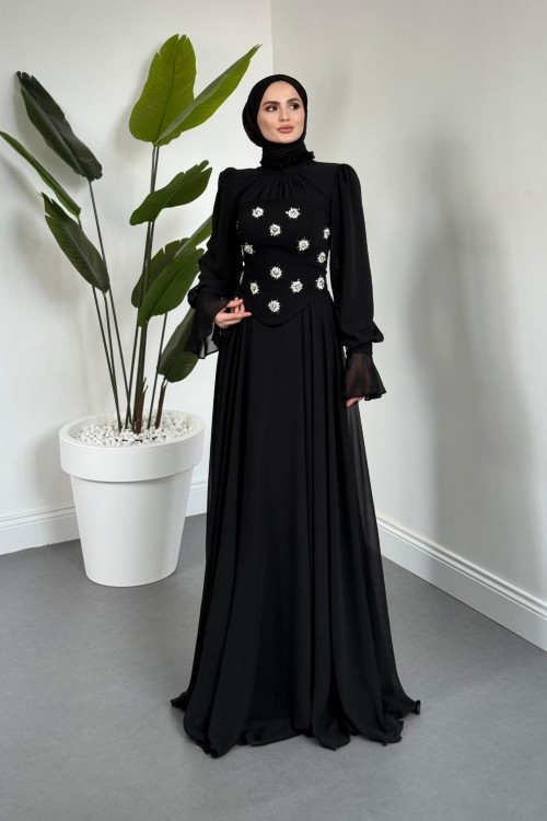 Lumiere Seyyar Korseli Şifon Abiye Siyah