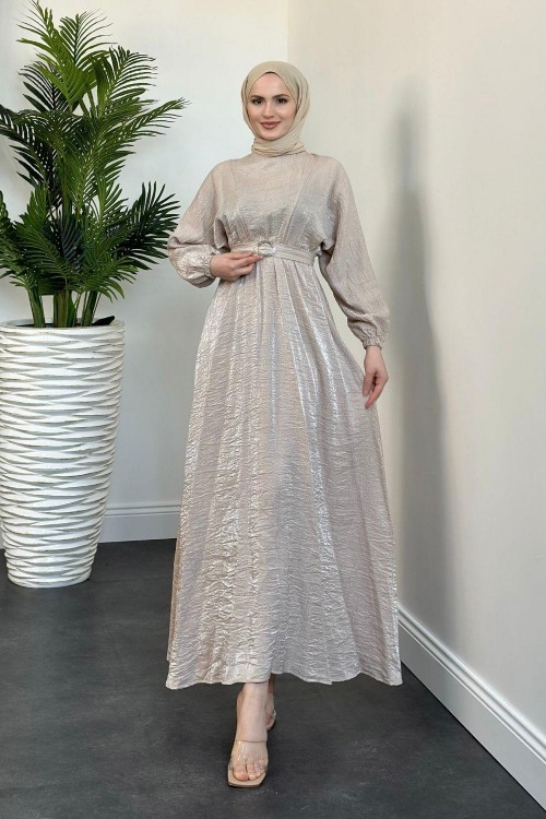 Luuz Jakar Kemerli Elbise Krem