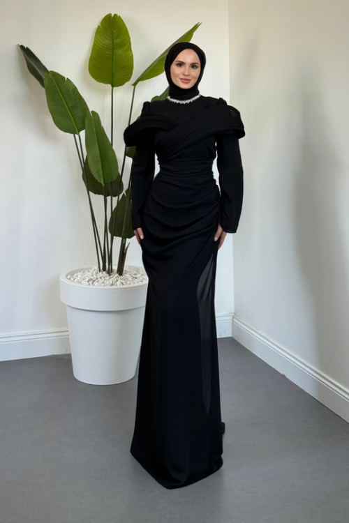 Lyra Pelerinli Balık Abiye Siyah