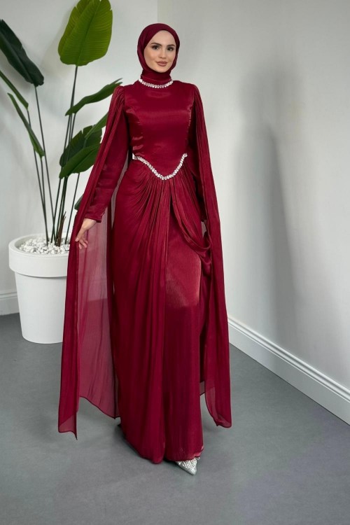 Maelis Beli Ve Boynu Taşlı Abiye Bordo