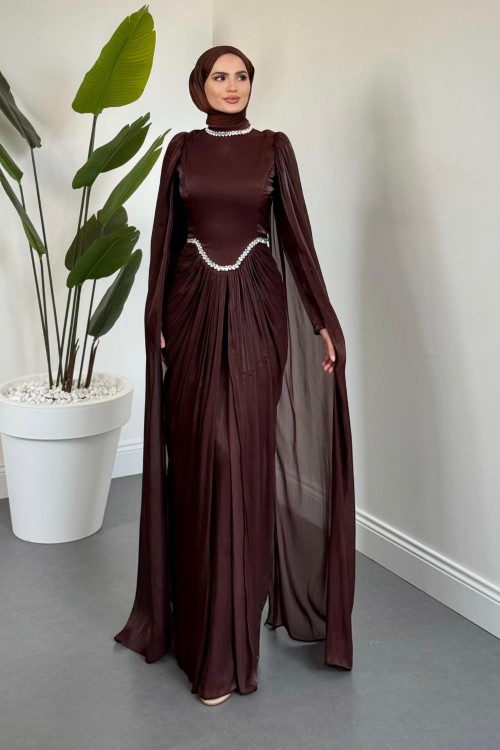 Maelis Beli Ve Boynu Taşlı Abiye Çikolata Kahve