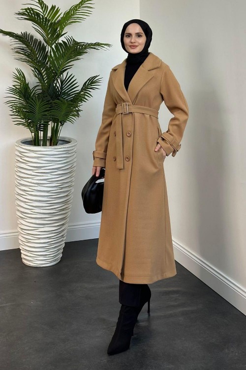 Mahika Astarlı Kemerli Kaşe Kaban Camel